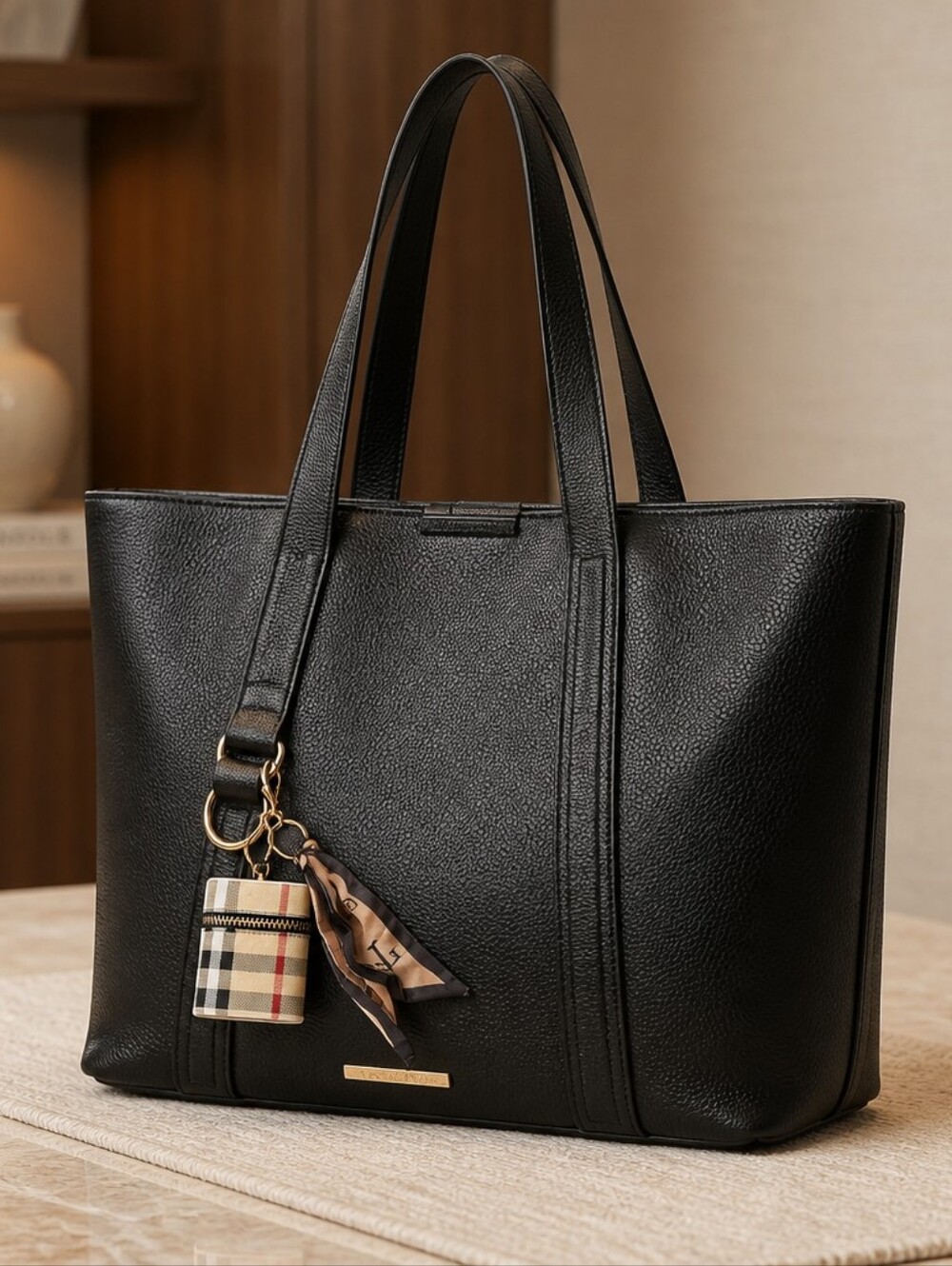 Steve Madden Black Pebbled Leather Tote with Plaid Charm